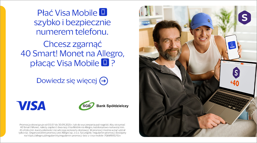 Grafika z opisem promocji Visa Mobile polecanej przez Igę Świątek i Tomasza Kota