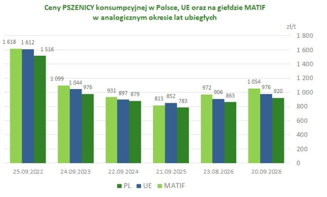 Ceny pszenicy konsumpcyjnej w Polsce, UE oraz na giełdzie MATIF w analogicznyn okresie lat ubiegłych